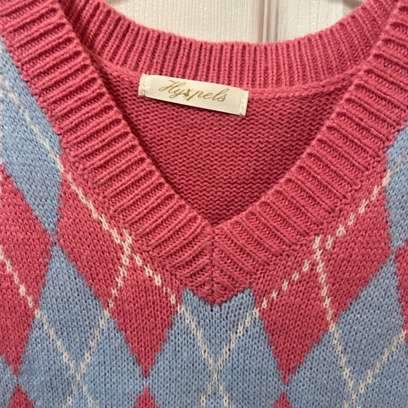 Hyxpels Women's Small Argyle Print Sweater Vest Pink/Blue/White Preppy V-neck - Picture 3 of 5